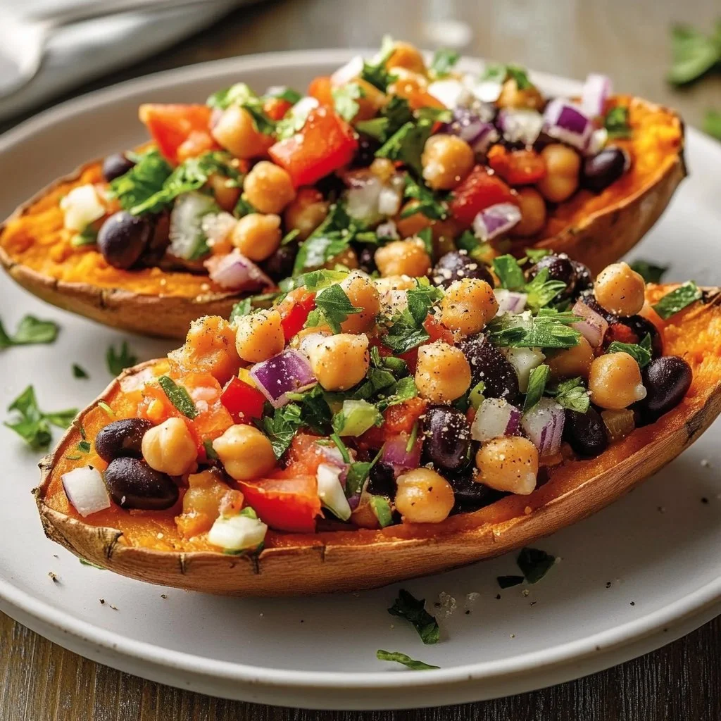 Mediterranean stuffed sweet potatoes topped with fresh ingredients