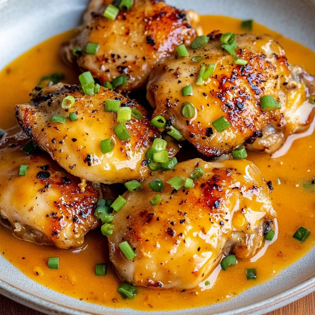 Skillet Bang Bang Chicken Thighs with a spicy sauce and fresh herbs