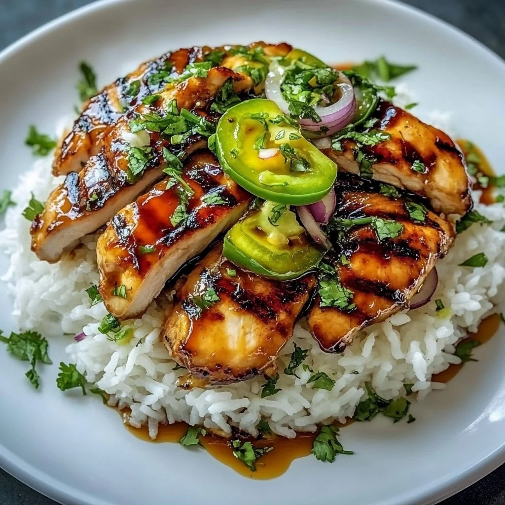 Tangy honey lime chicken with avocado rice stack served on a plate